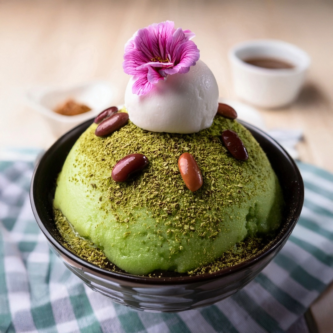 A bowl of matcha flavored bingsu with matcha panna cotta, azuki beans, and a pink edible flower on top