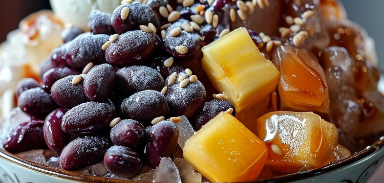 A close up of an assortment of fruits on top of a bowl of bingsu