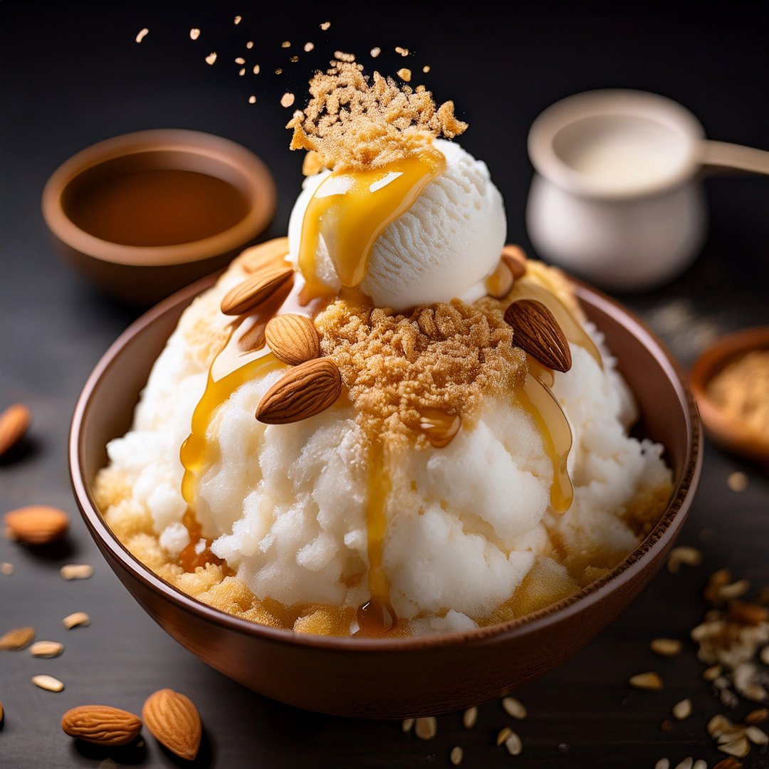 A bingsu bowl of soybean powdered snow ice with almond flakes, honey drizzle, and a scoop of roasted soybean ice cream.