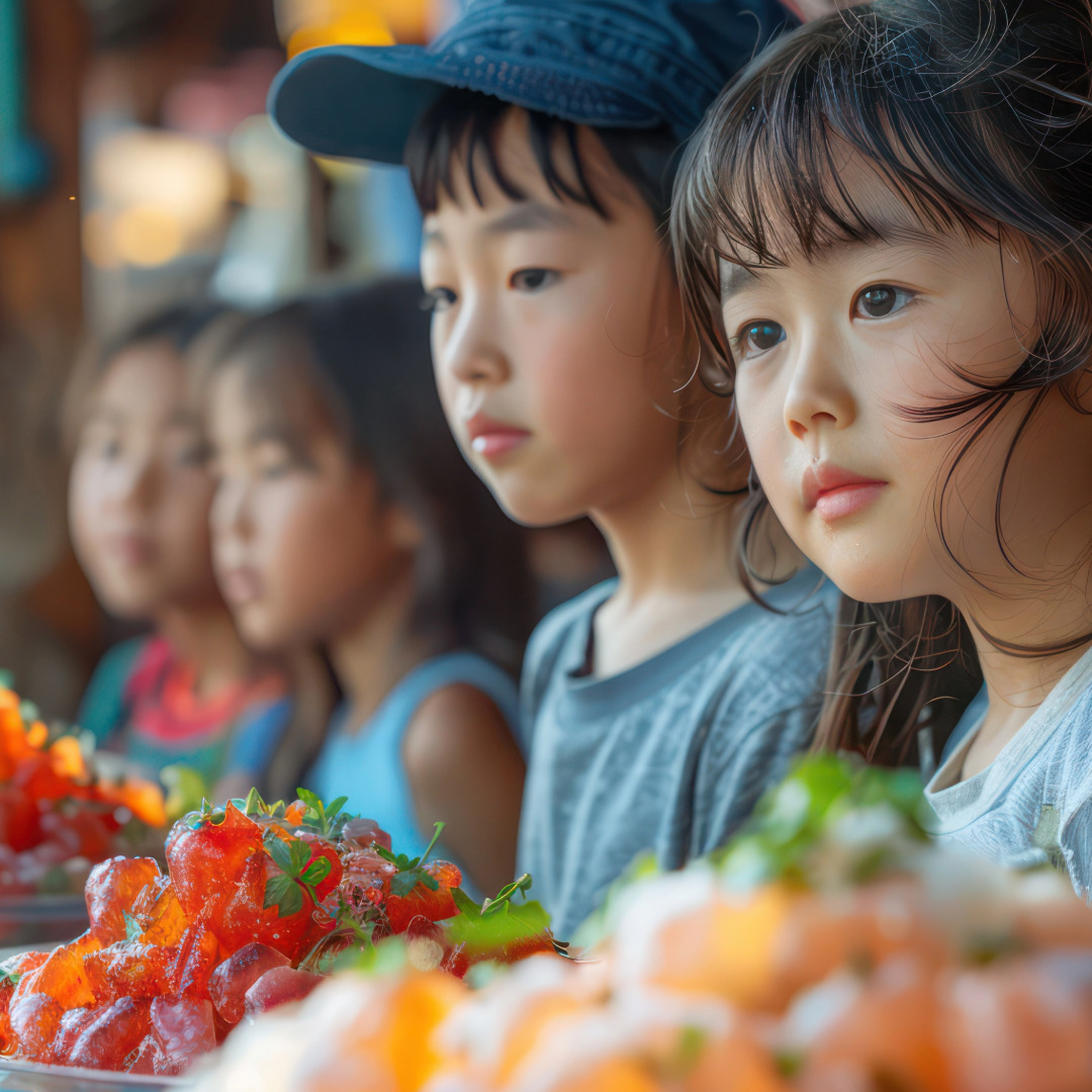 Korean children in front of a line of bingsu bowls