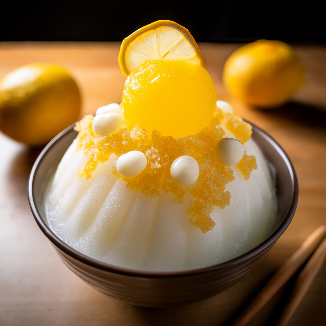 A metal bowl of bingsu with vanilla bean shaved ice, topped with white chocolate pearls, lemon jelly, and a slice of lemon.