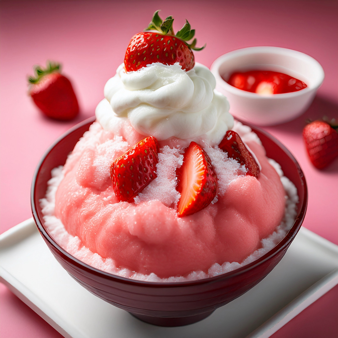 A bowl of bingsu with strawberry purée, cubes of strawberry jelly, and vanilla cream over milky shaved ice, topped with freeze-dried strawberries.