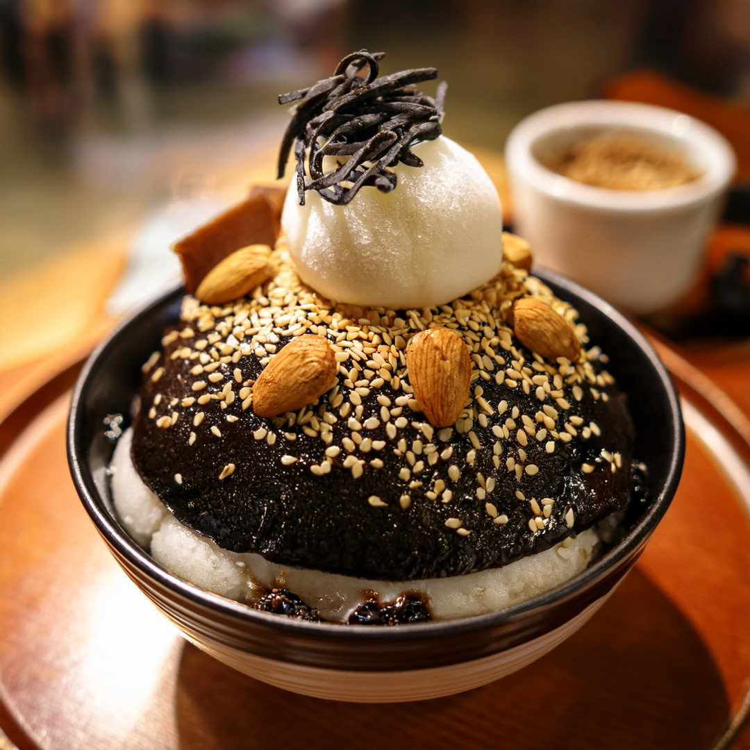 A bowl of bingsu with black sesame shaved milk, topped with sweet red bean, vanilla ice cream, and white sesame seeds.