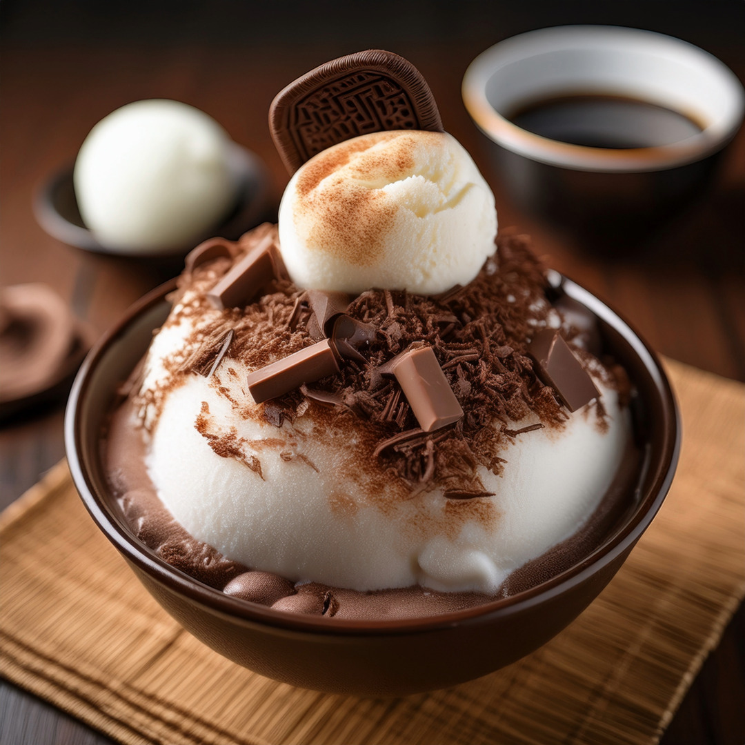 A bowl of bingsu with sweet shaved milk, topped with chocolate crumbled cookie, vanilla ice cream mochi, and chocolate shavings.
