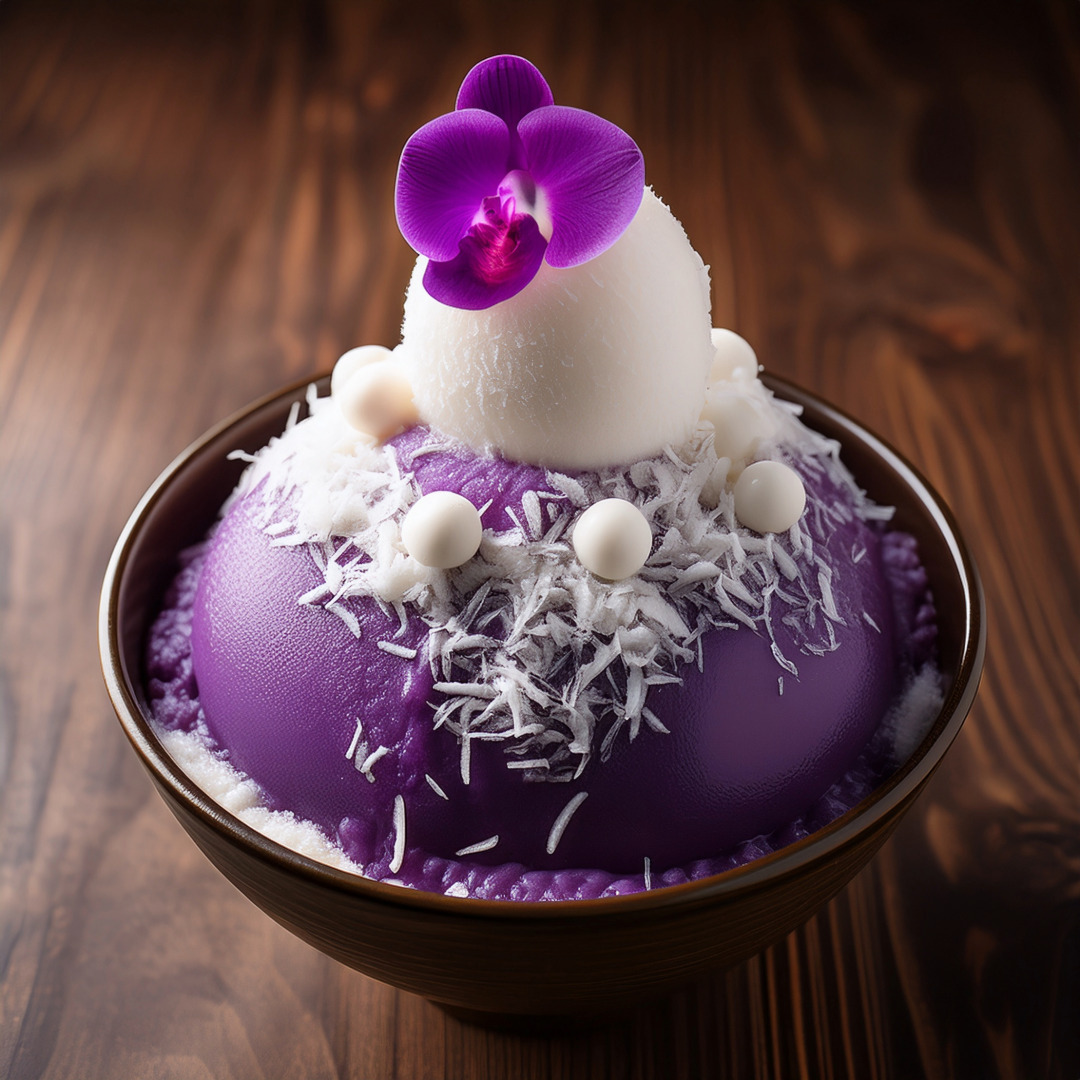 A bowl of bingsu with ube shaved milk, topped with coconut shavings, round white chocolate pearls, and vanilla mochi.