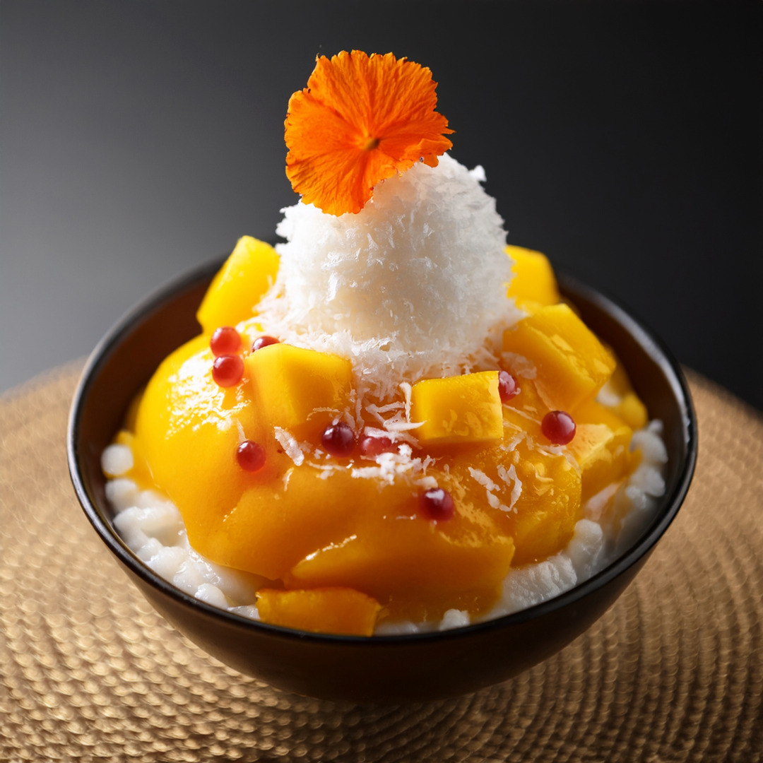 A bowl of bingsu with mango shaved ice topped with pineapple compote, coconut flakes, and passionfruit popping boba.
